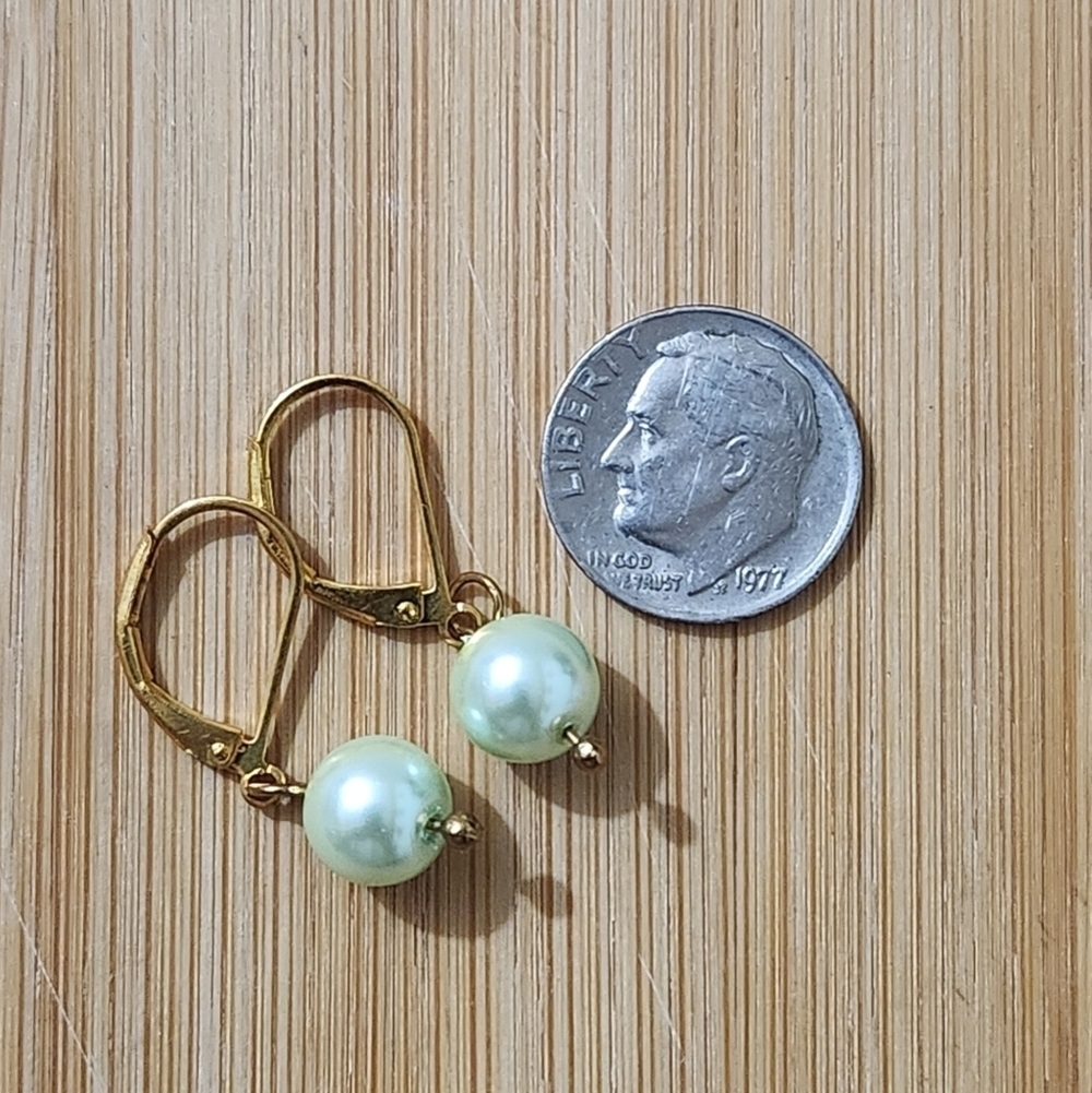 Hand Crafted Elegant Pastel Green Pearl Drop Earrings Pierced